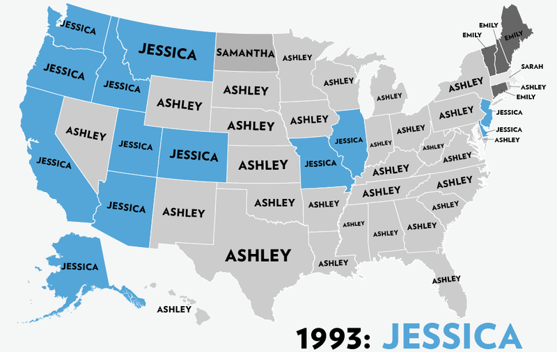 Illustration for article titled Map: Six Decades of the Most Popular Names for Girls, State-by-State